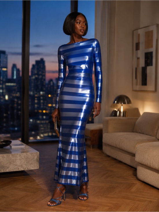 Dresses & Skirts - Blue Metallic Striped Long Sleeve Evening Dress